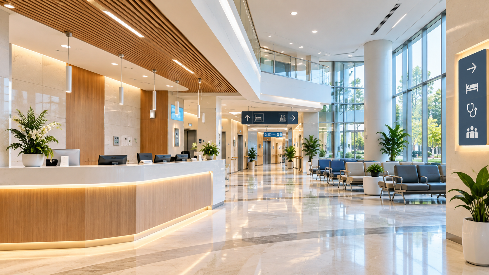 Modern hospital reception and interior wayfinding space