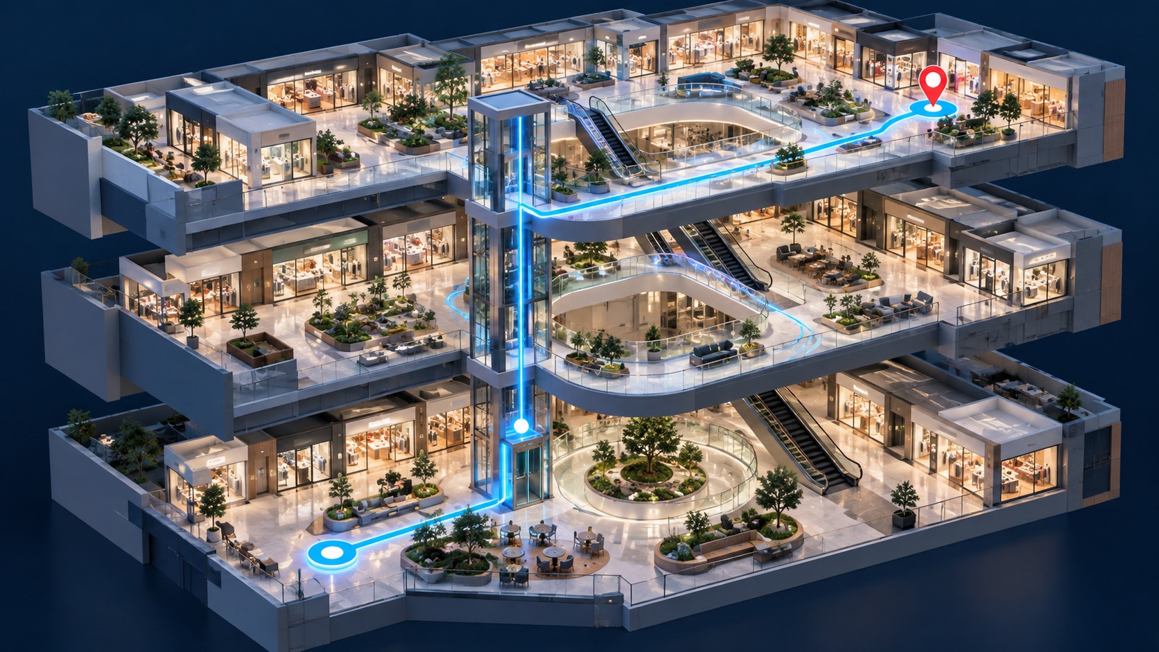 Three-level 3D building cutaway with a blue route through an elevator