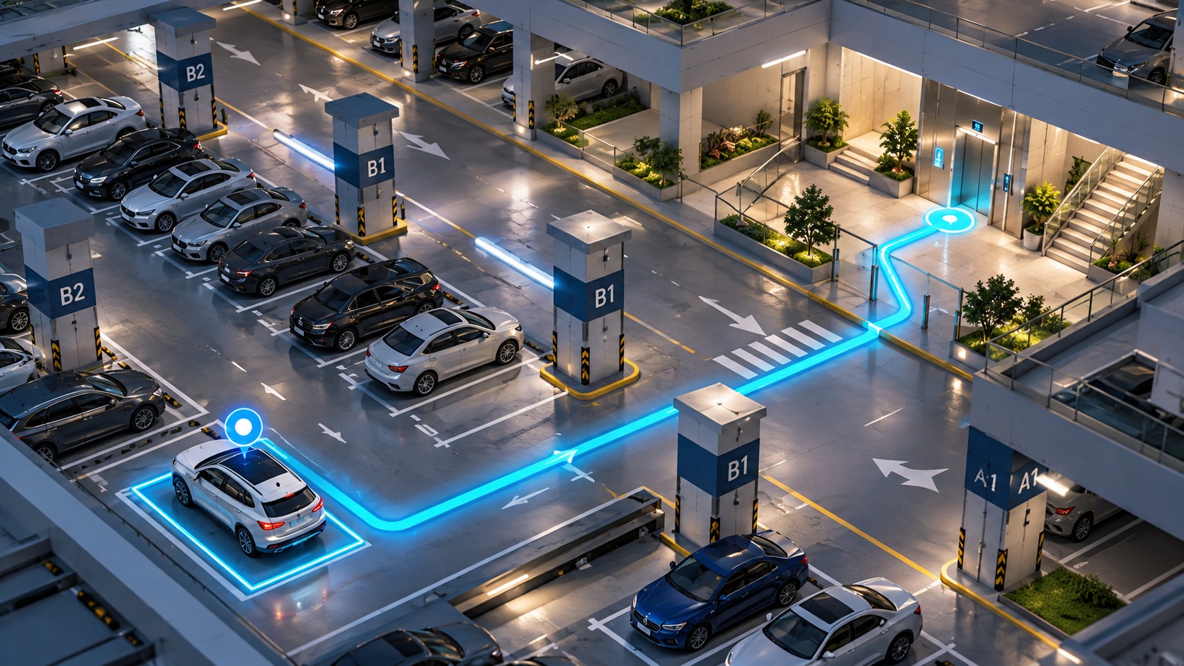 3D parking navigation with a blue route to a vehicle