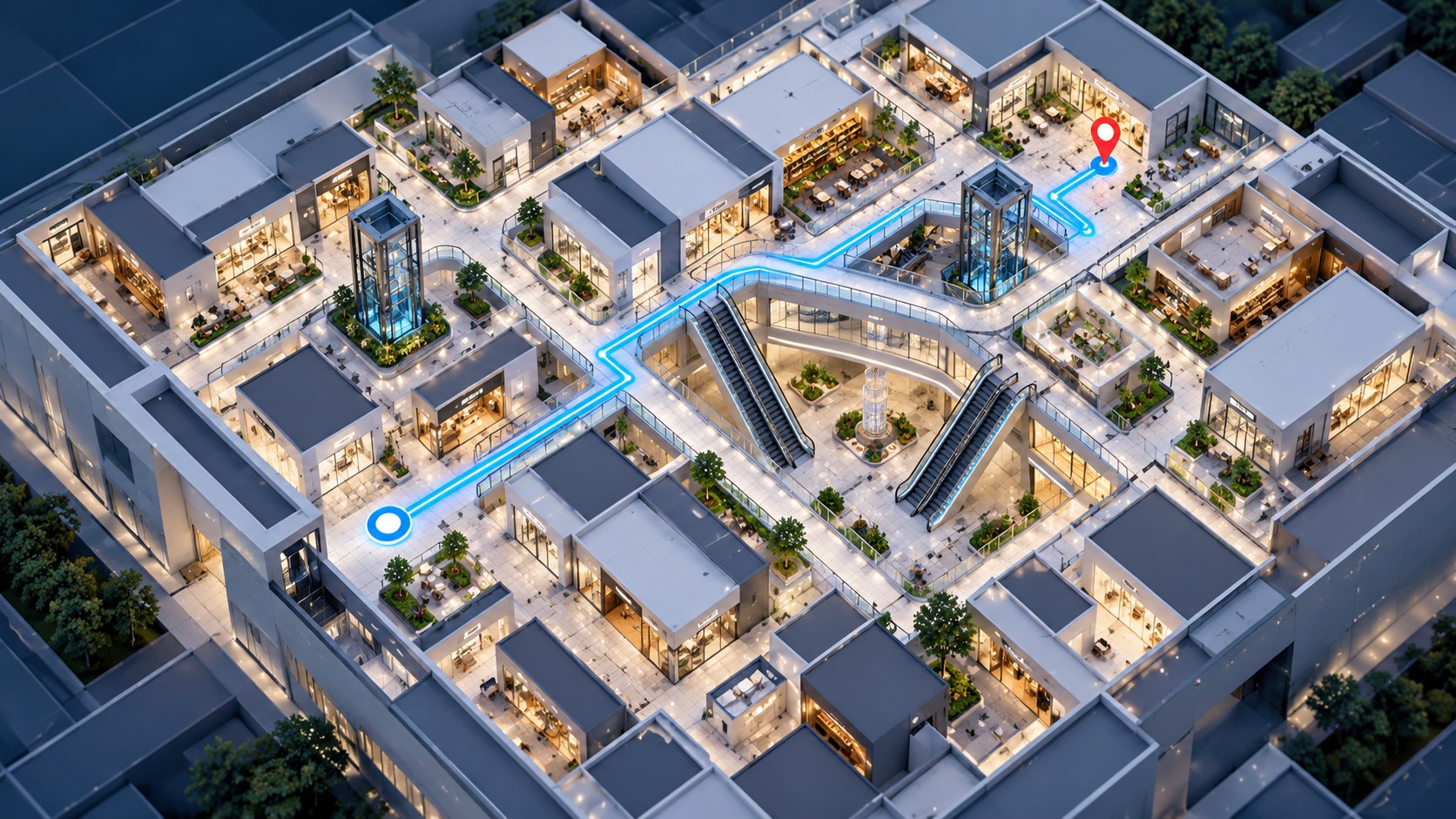 Detailed 3D venue map with stores, corridors and a blue route